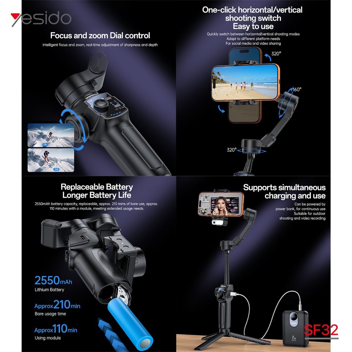 عصا سيلفي YESIDO SF32 Pro Gimbal Stabilizer