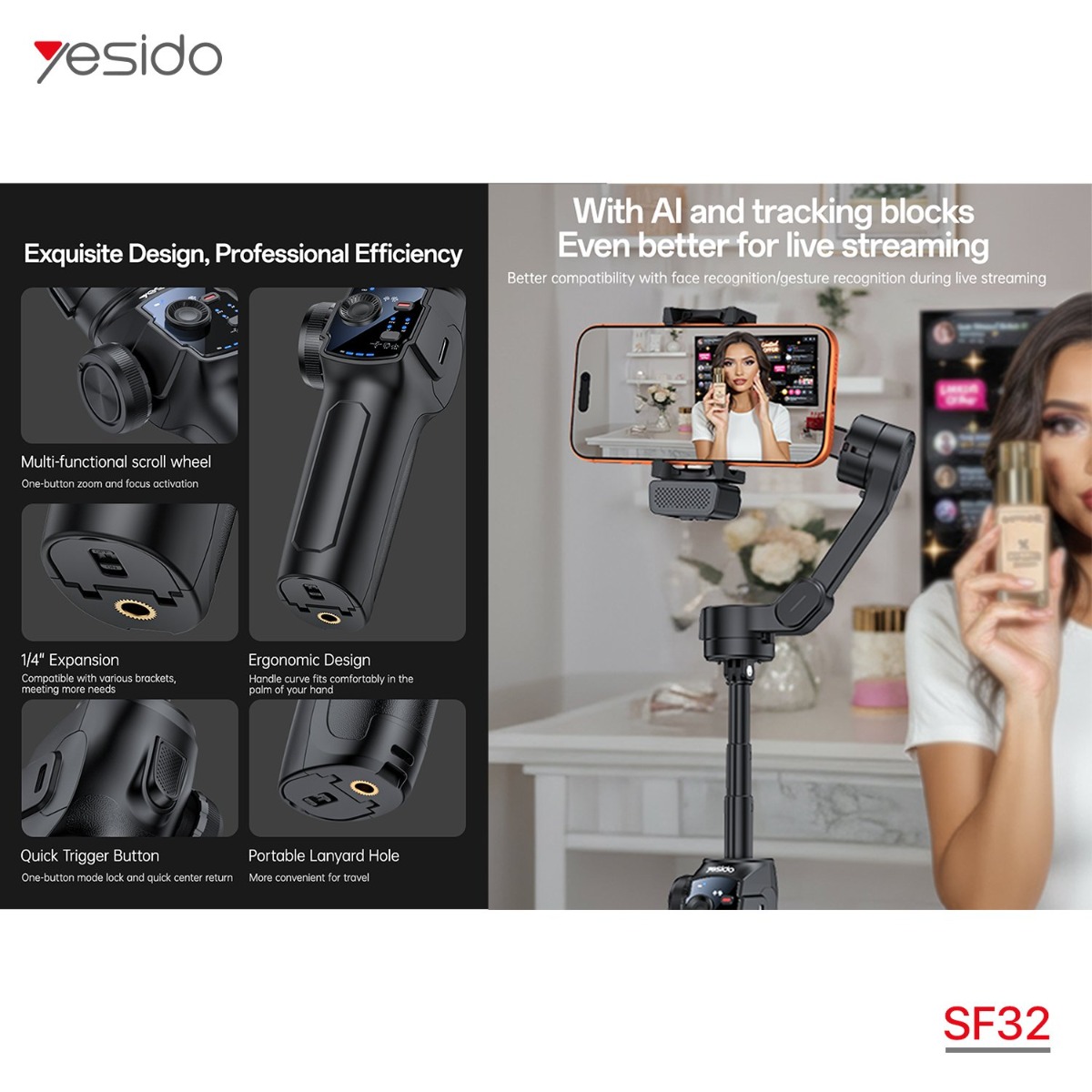 عصا سيلفي YESIDO SF32 Pro Gimbal Stabilizer