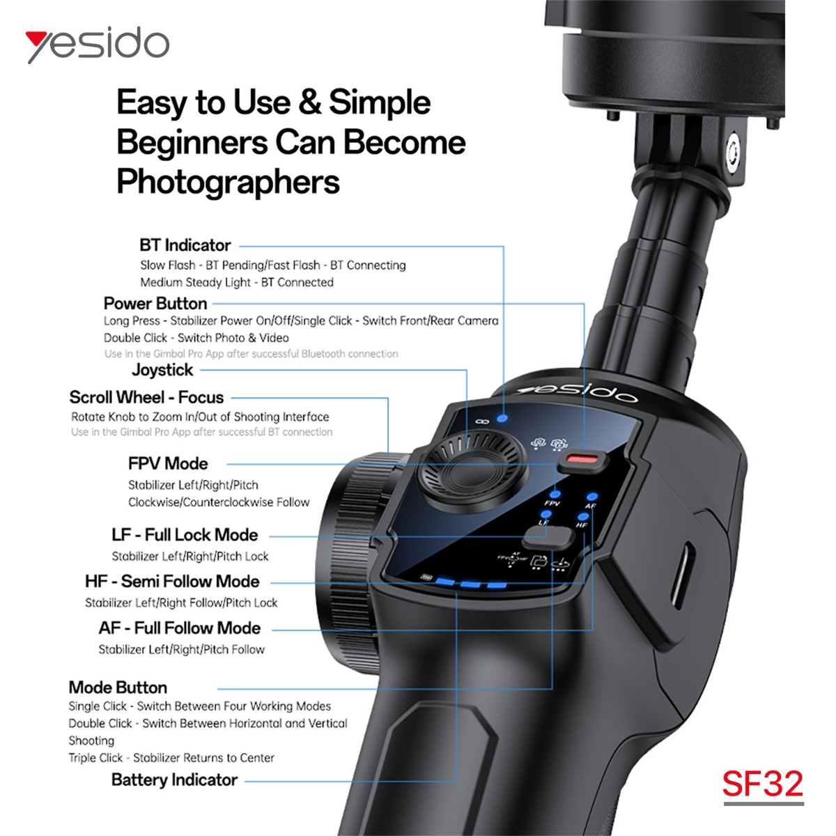 عصا سيلفي YESIDO SF32 Pro Gimbal Stabilizer