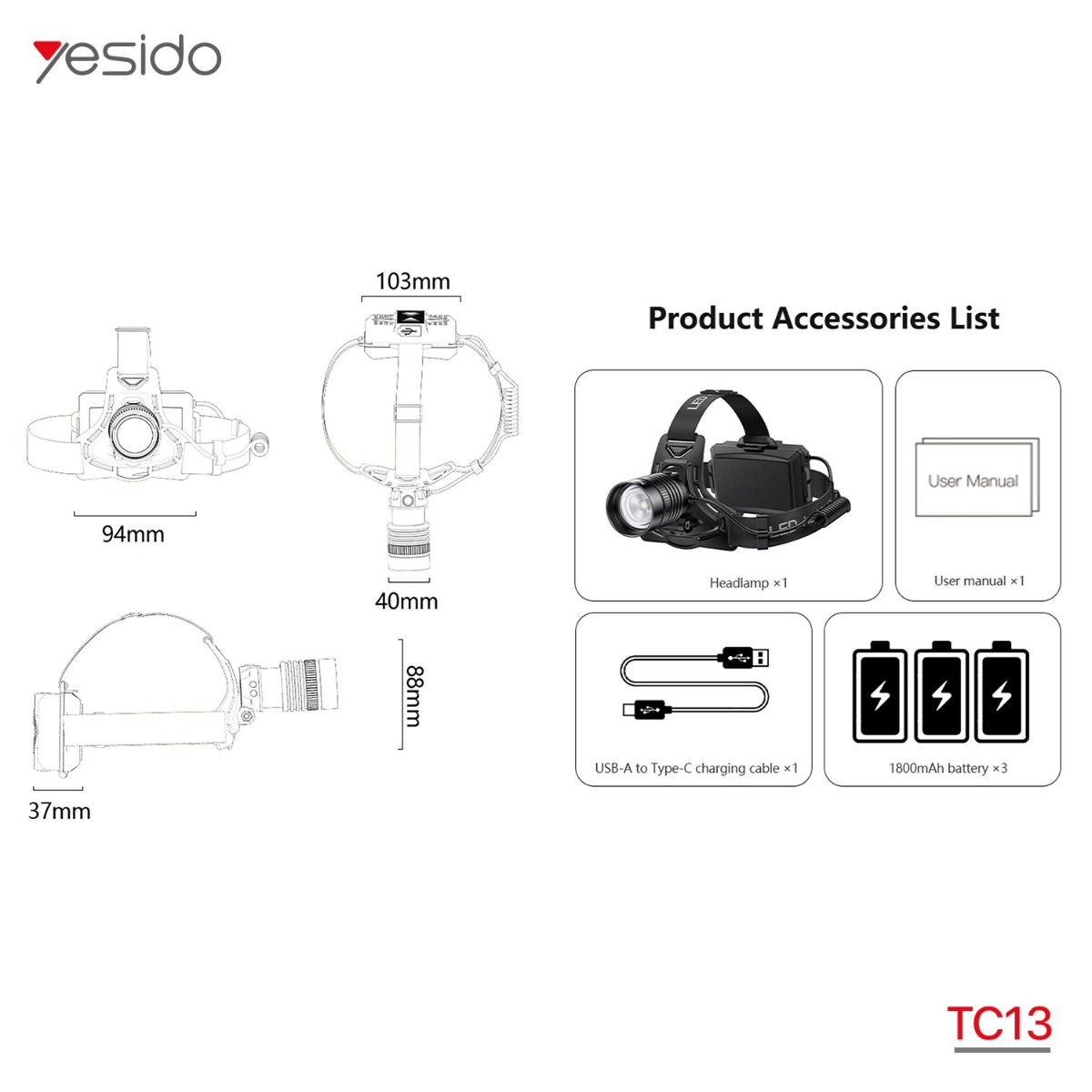 مصباح YESIDO TC13 LED للرأس