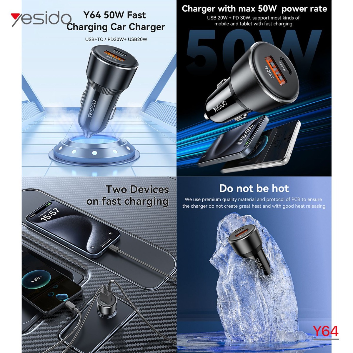 شاحن سيارة YESIDO Y64 50W PD