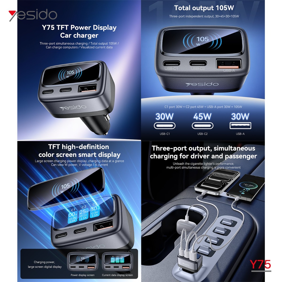 YESIDO Y75 105W PD Car Charger
