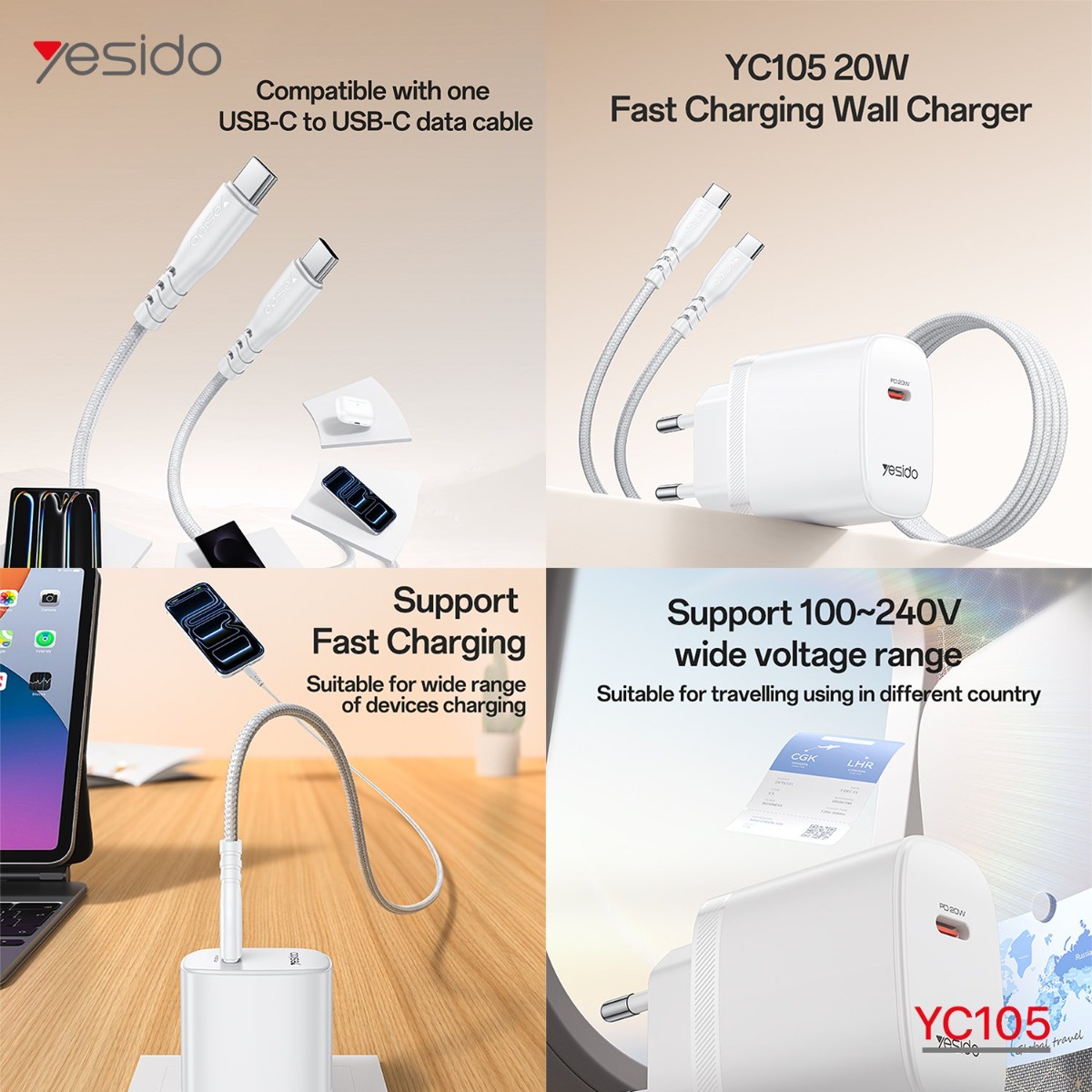 شاحن YESIDO YC105 20W PD مع كيبل Type-C