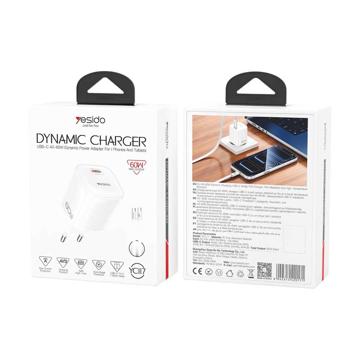 شاحن YESIDO YC117 40W PD مع كيبل Type-C