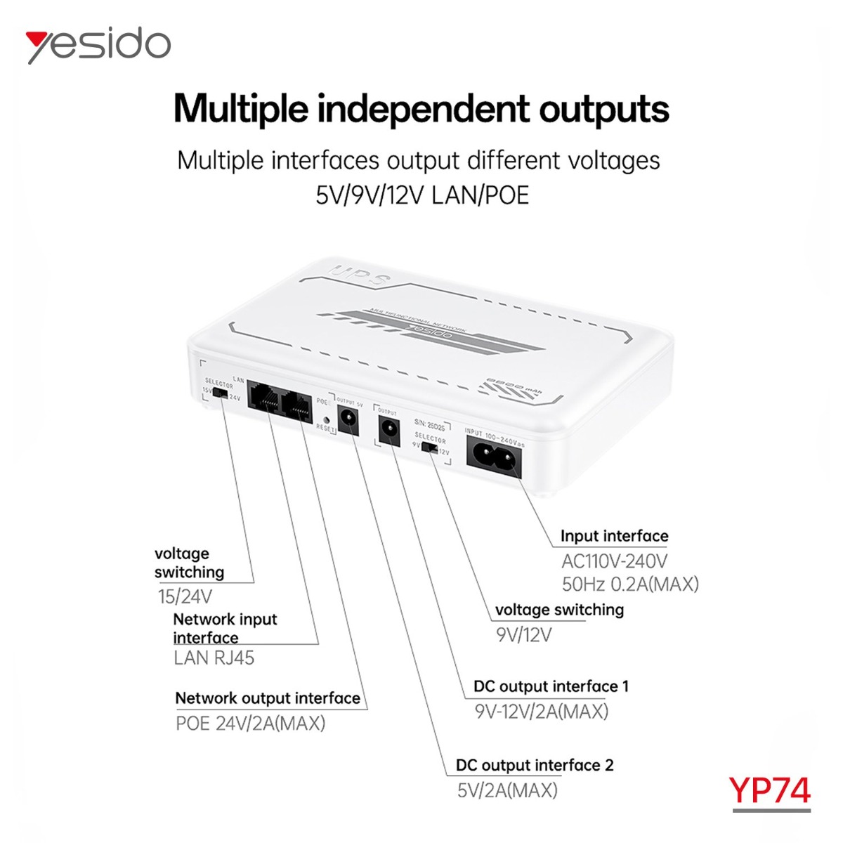 بطارية ومزود طاقة احتياطي YESIDO YP74E 8800mAh Mini DC