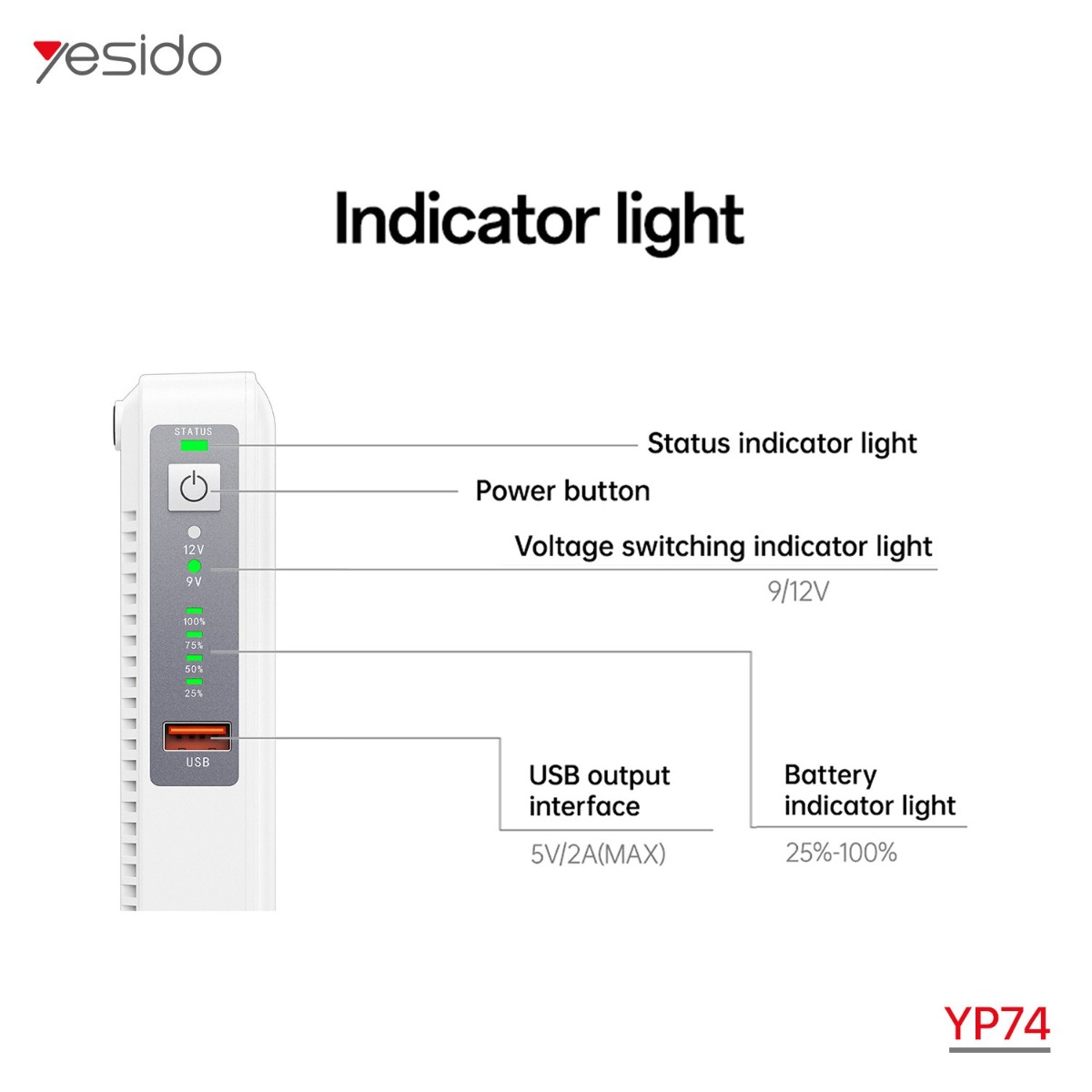 بطارية ومزود طاقة احتياطي YESIDO YP74E 8800mAh Mini DC