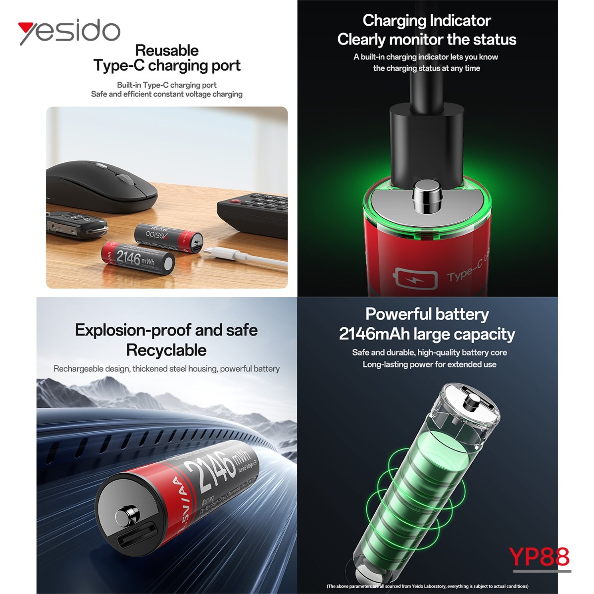 YESIDO YP88 AA 2146mWh Rechargeable Battery (4Pcs)