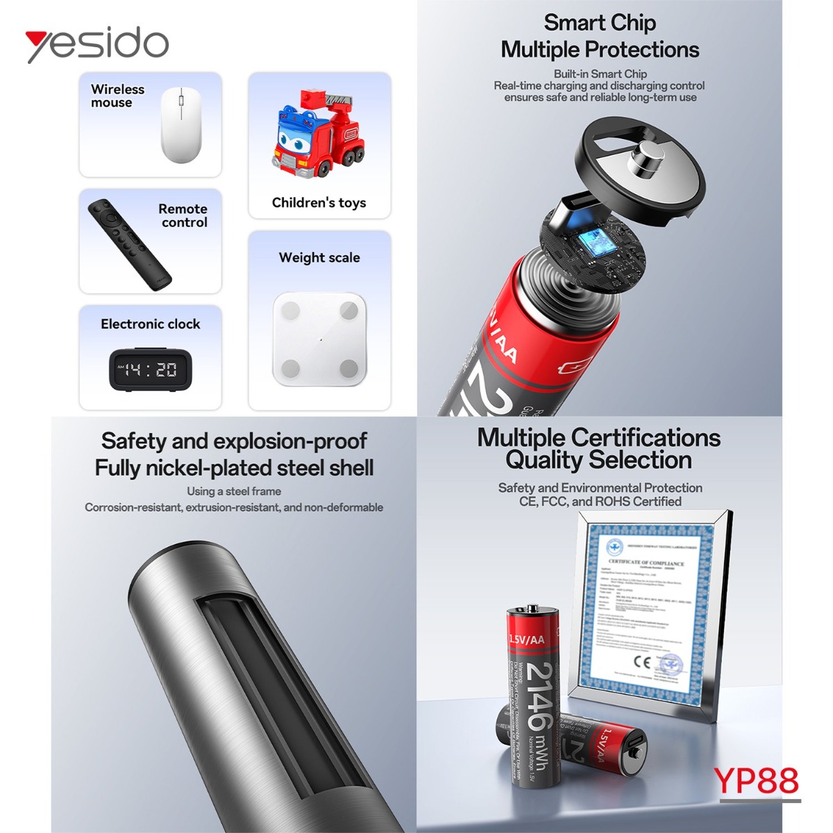 بطارية شحن YESIDO YP88 AA 2146mWh (4 قطع)