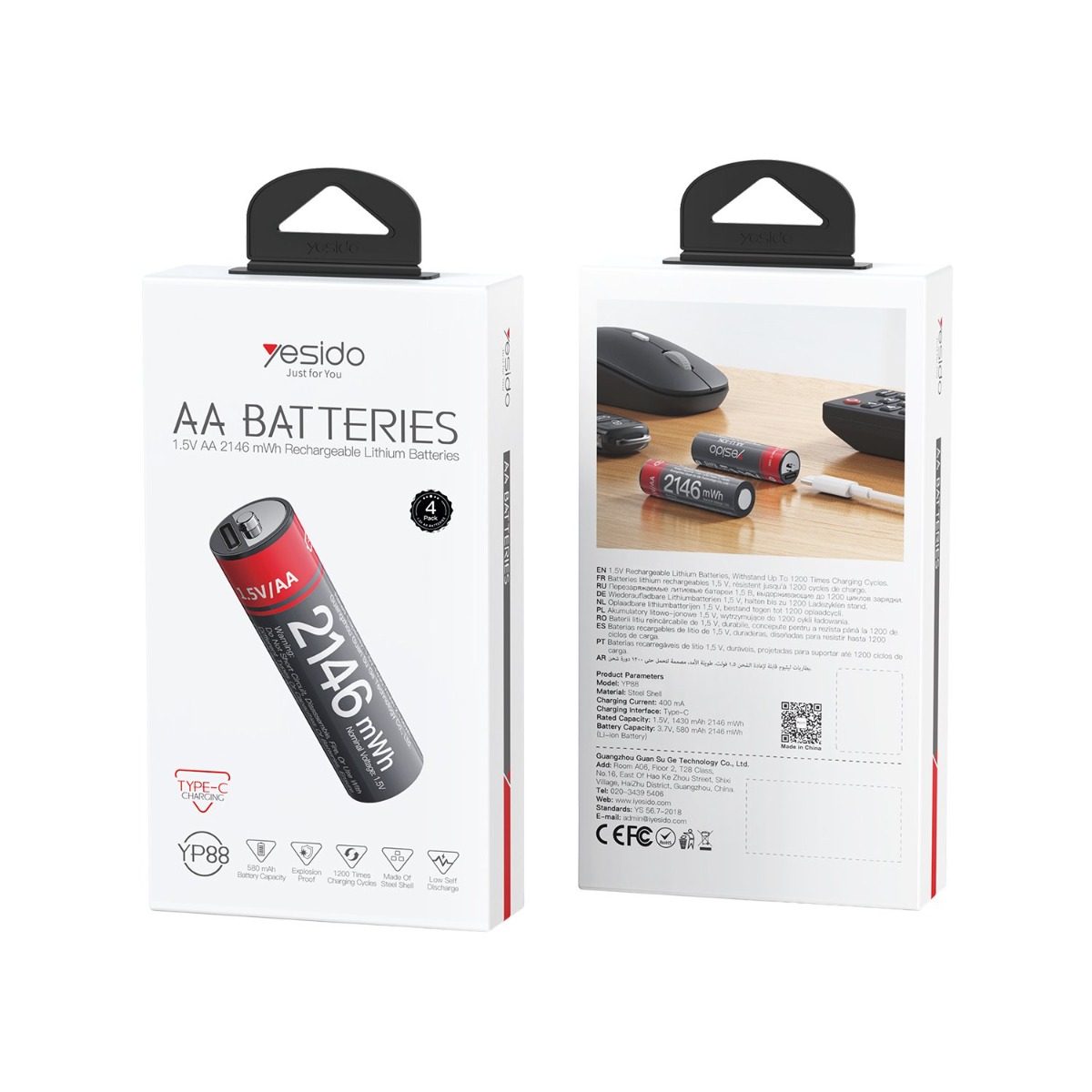 YESIDO YP88 AA 2146mWh Rechargeable Battery (4Pcs)