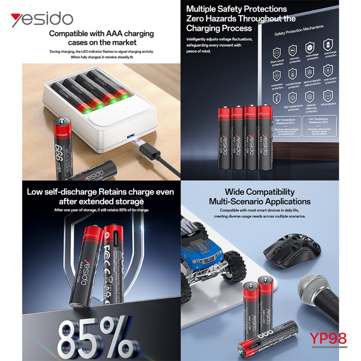 بطارية شحن YESIDO YP98 AAA 666mWh (4 قطع)