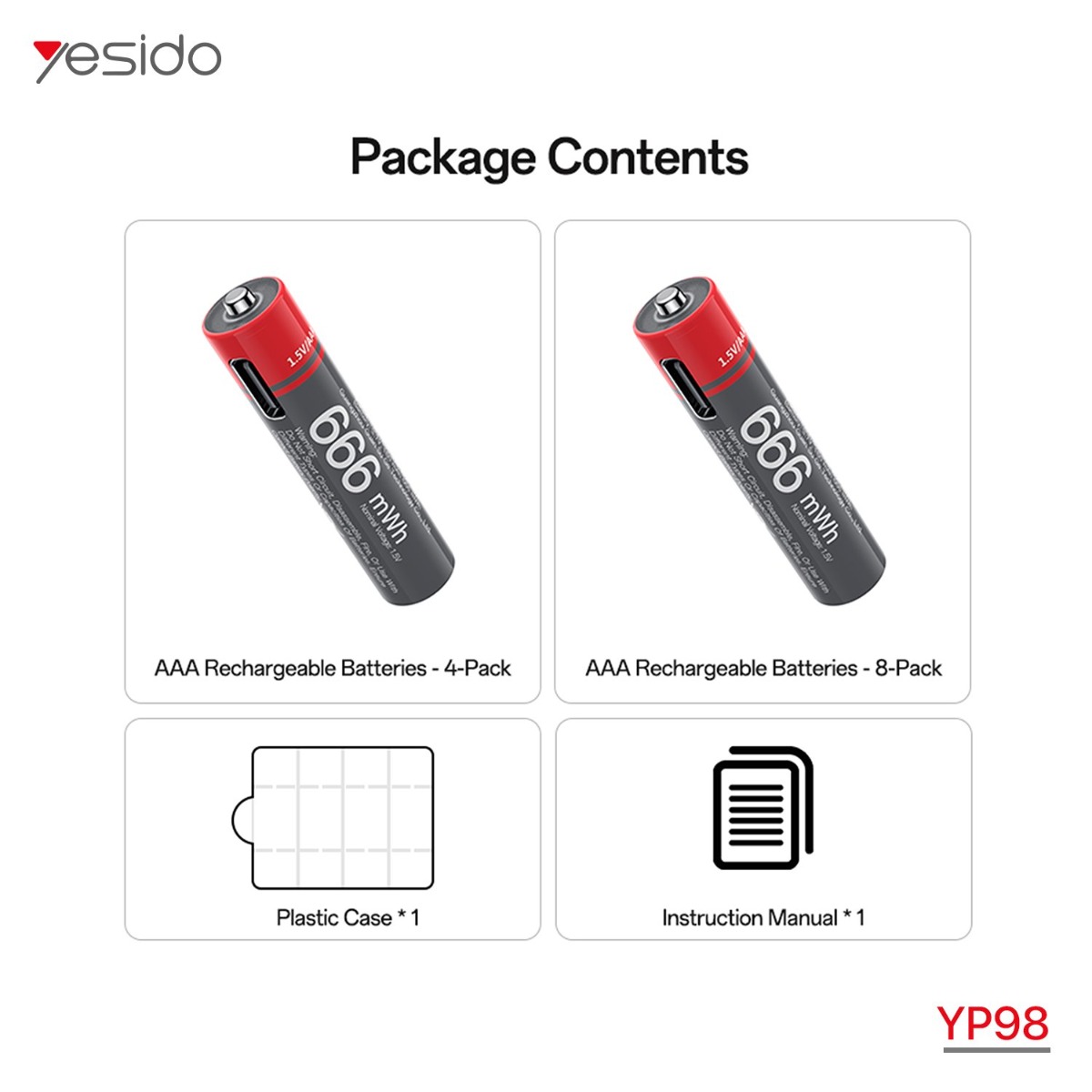 YESIDO YP98 AAA 666mWh Rechargeable Battery (4Pcs)
